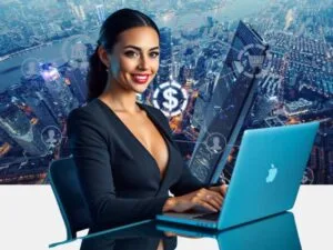 Open Banking Advancements : A businesswoman working on a laptop with financial technology icons over a city skyline.