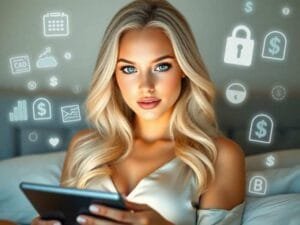 open banking advancements: A woman using a tablet with floating finance and security icons in a futuristic setting.