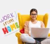 Side Hustle : A woman sitting comfortably on a yellow chair, using a laptop, with "Work from Home" text.