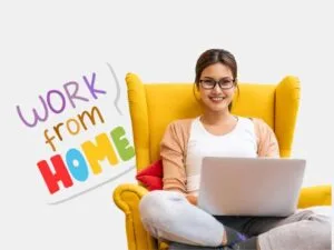 Side Hustle : A woman sitting comfortably on a yellow chair, using a laptop, with "Work from Home" text.