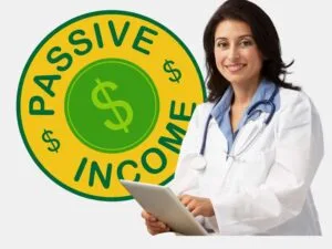 Side Hustle : A smiling female doctor holding a tablet with a "Passive Income" sign in the background.