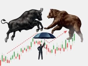 Stock Market : Bull and bear battle over stock market trends with a businessman holding an umbrella.