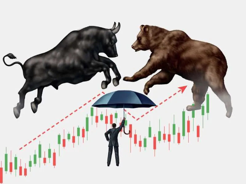Stock Market : Bull and bear battle over stock market trends with a businessman holding an umbrella.