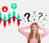 Stock Market: Confused woman with stock market candlestick chart showing ups and downs.