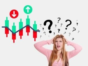 Stock Market: Confused woman with stock market candlestick chart showing ups and downs.