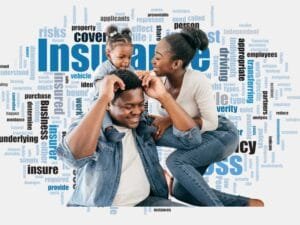 Best Insurance Options: A young family playing together, with insurance-related keywords in the background.