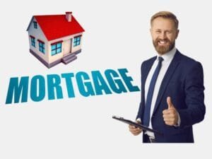 Best Mortgages : A smiling businessman in a suit holding a clipboard with the word "MORTGAGE" and a house icon beside him.
