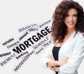 Best Mortgages : A confident woman in business attire standing with mortgage-related keywords surrounding her.