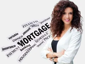 Best Mortgages : A confident woman in business attire standing with mortgage-related keywords surrounding her.