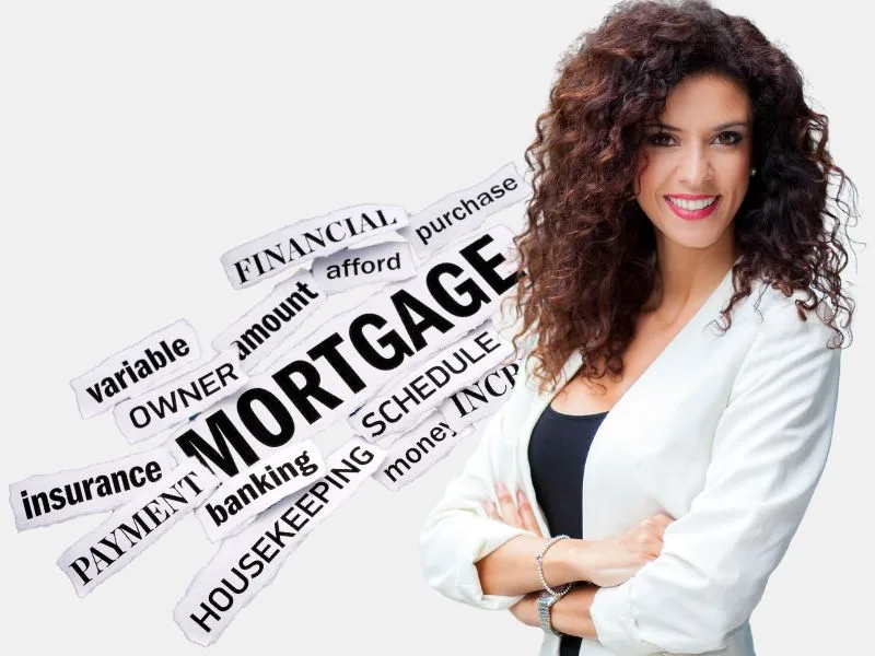 Best Mortgages : A confident woman in business attire standing with mortgage-related keywords surrounding her.
