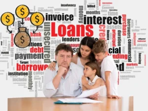 A worried family reviewing financial documents with debt-related words in the background, representing the burden of multiple loans and the need for debt consolidation.