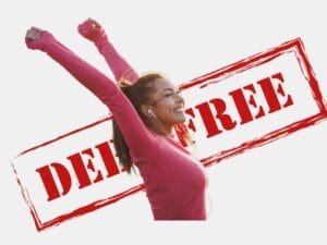 A happy woman in sportswear raising her arms in celebration with a "DEBT FREE" stamp in the background, symbolizing financial freedom through debt consolidation.