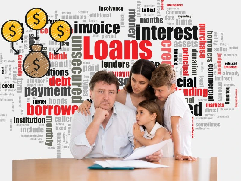 A worried family reviewing financial documents with debt-related words in the background, representing the burden of multiple loans and the need for debt consolidation.