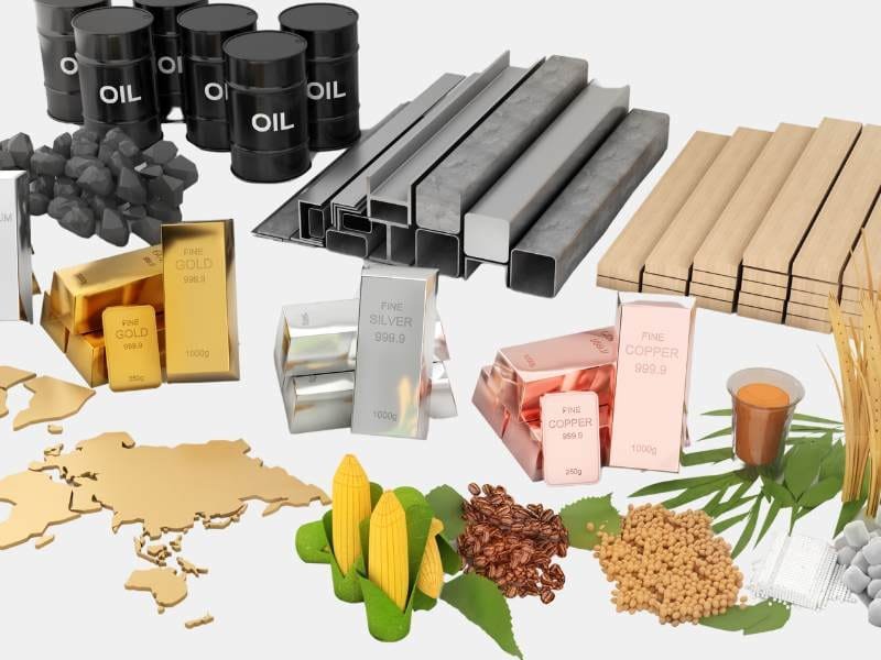 Investing in commodities : Diverse commodities like metals, grains, and energy sources.