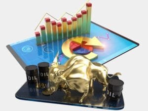 Investing in commodities: Gold bars and oil barrels representing commodity investments.