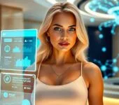 AI Powered Banking Assistance: A user interacting with a secure online banking interface enhanced by AI-driven insights.