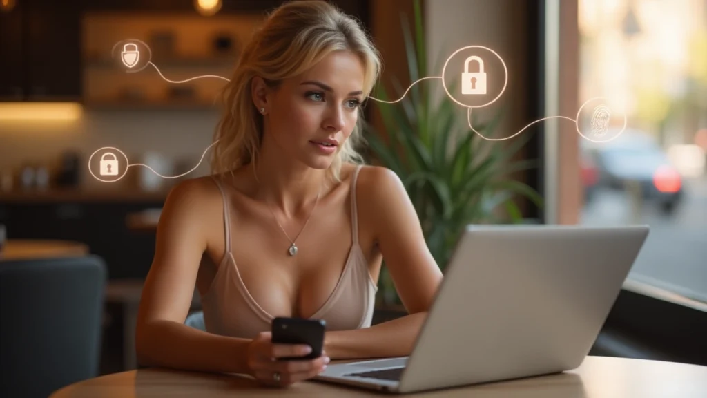 Sensual blonde woman comparing banking apps and websites for security at a café, asking the question: Are Banking Apps Safe?