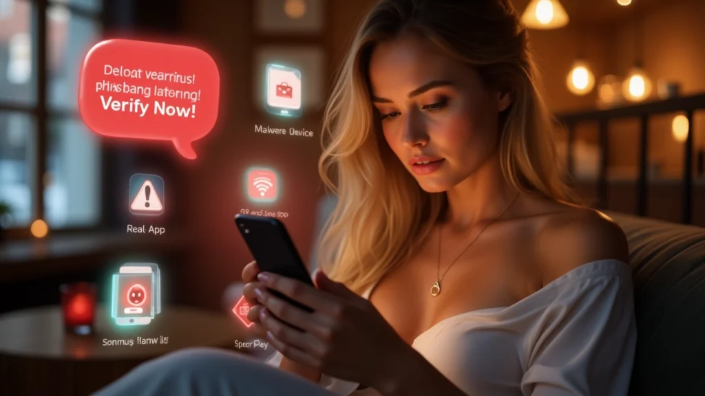 Sensual blonde woman using a smartphone with security warning icons about phishing, malware, fake banking apps, and public Wi-Fi risks, representing concerns around "Are Banking Apps Safe?"
