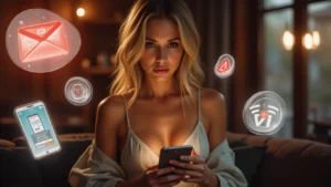 Blonde woman using smartphone surrounded by digital alerts for phishing, malware, fake banking apps, and unsecured Wi-Fi risks, questioning Are Banking Apps Safe?