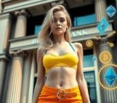 Blonde woman in stylish attire standing in front of a traditional bank with digital cryptocurrency icons like Bitcoin and Ethereum floating around her.