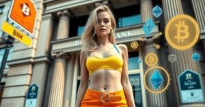 Blonde woman in stylish attire standing in front of a traditional bank with digital cryptocurrency icons like Bitcoin and Ethereum floating around her.