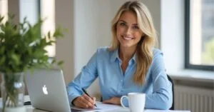 www.fininfoblog.com : Confident blonde woman browsing a personal finance blog in a stylish home office with a laptop and coffee mug.