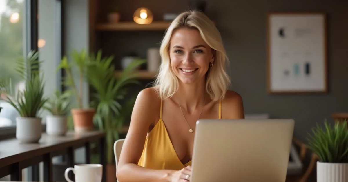 Elegant woman using a laptop in a modern café, researching high-yield savings accounts in 2025.