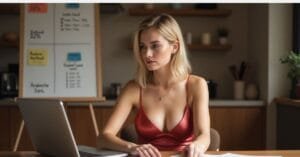 Young woman reviewing loan statements on laptop, analyzing debt repayment methods.