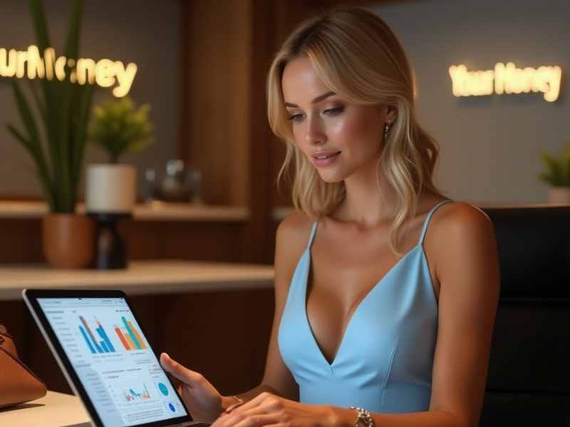 Hyper-Personalized Financial Products: Attractive blonde woman analyzing financial charts on a tablet, representing hyper-personalized financial products.