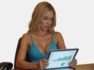 Blonde woman studying a financial growth chart on a tablet, symbolizing hyper-personalized financial products.