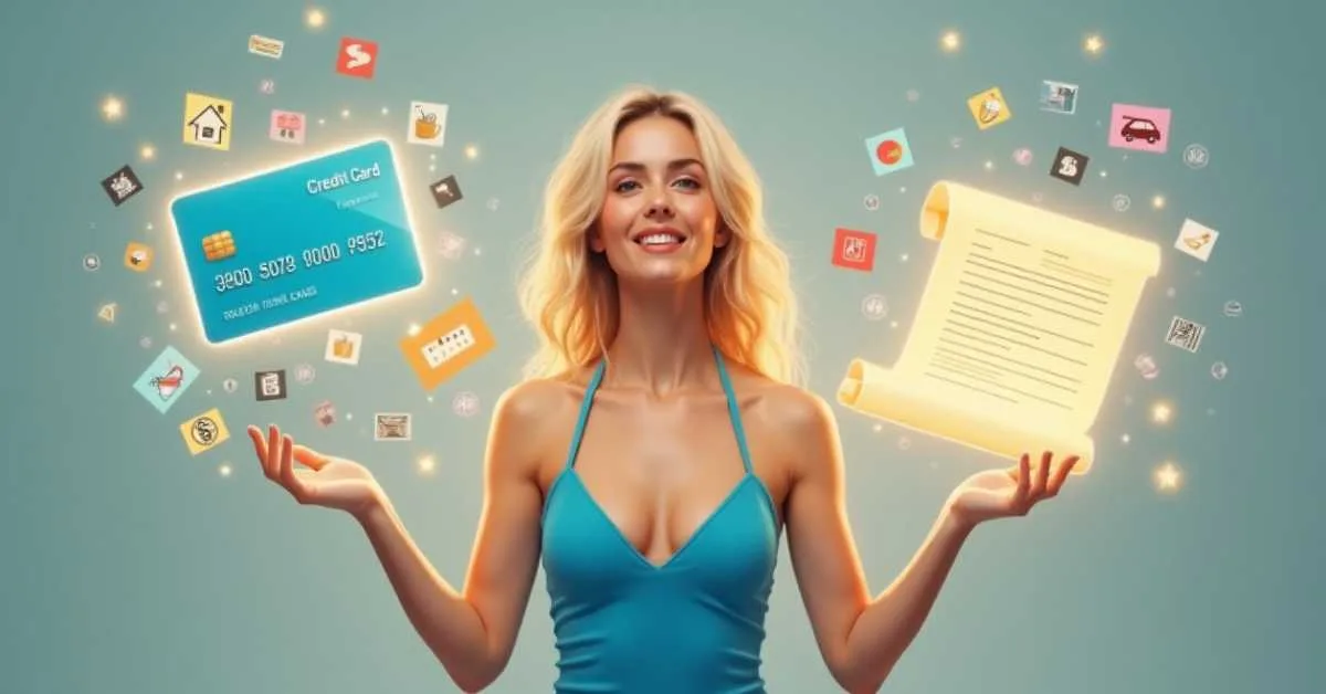 Personal Loan vs Credit Card: A thoughtful woman comparing a glowing credit card and a loan document, surrounded by icons representing spending and borrowing – concept of personal loan vs credit card decision.