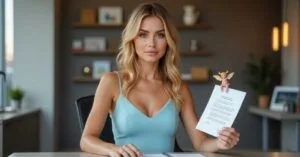 A thoughtful blonde woman in a pastel blue dress sitting at a bank desk, holding a personal loan approval letter with a small angel figure perched on it, representing decision-making in the personal loan vs credit card dilemma.