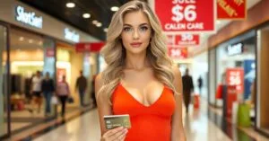 A stylish blonde woman in a form-fitting orange dress holding a credit card while shopping in a mall, symbolizing the practical use of credit cards in contrast to personal loans.