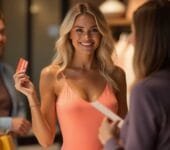 Cheerful blonde woman in blue dress showing her credit card while shopping – personal loan vs credit card context.