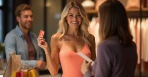 Cheerful blonde woman in blue dress showing her credit card while shopping – personal loan vs credit card context.