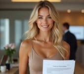 A beautiful blonde woman in a beige camisole holding a personal loan terms and conditions document inside a modern bank, representing the comparison of personal loan vs credit card.
