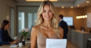A beautiful blonde woman in a beige camisole holding a personal loan terms and conditions document inside a modern bank, representing the comparison of personal loan vs credit card.