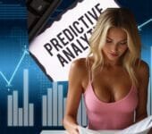 Predictive Risk Analytics: A blonde woman in a pink top reading documents, with the words “Predictive Analytics” in the background, set against financial bar charts and line graphs.