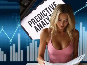 Predictive Risk Analytics: A blonde woman in a pink top reading documents, with the words “Predictive Analytics” in the background, set against financial bar charts and line graphs.