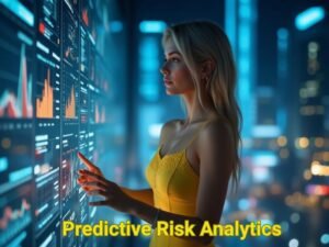 A blonde woman in a yellow dress interacting with futuristic financial data dashboards in a modern cityscape, focused on predictive risk analytics.