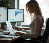 Side view of a woman analyzing financial charts on dual monitors in a modern office.