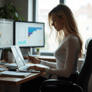 Side view of a woman analyzing financial charts on dual monitors in a modern office.