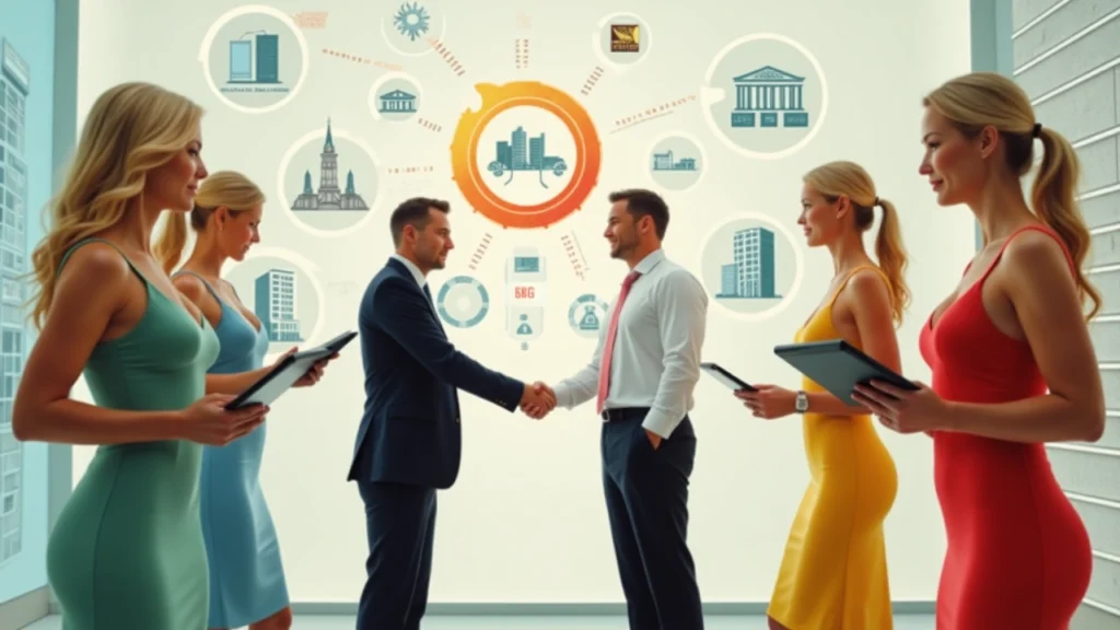 Business professionals closing a mid-market M&A deal, surrounded by team members and industry icons representing private credit sectors.
