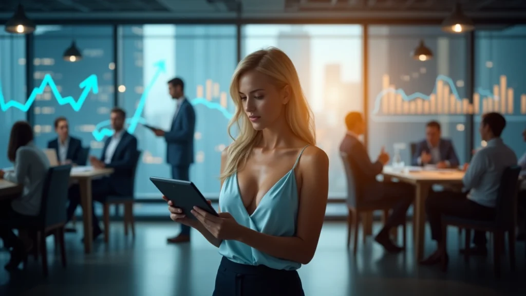 Financial professional reviewing M&A data on a tablet as analysts evaluate risks and returns in a high-stakes acquisition environment.