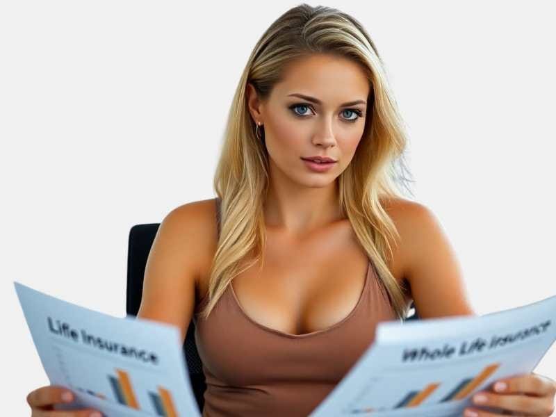 Woman in red holding term and whole life insurance documents side by side.