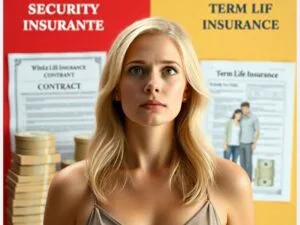 Woman standing between posters labeled term life and whole life insurance with a thoughtful expression.