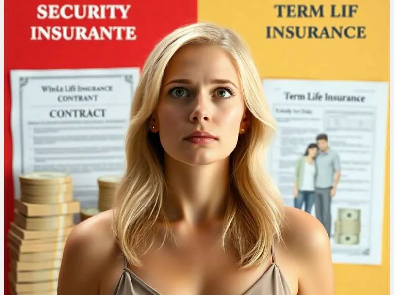 Woman standing between posters labeled term life and whole life insurance with a thoughtful expression.