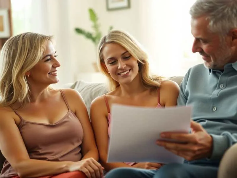 Happy family reviewing documents together in a cozy home, discussing term vs. whole life insurance.