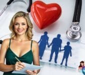 Confident woman with medical symbols and family cutout representing term vs. whole life insurance choices.