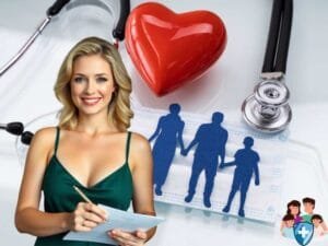 Confident woman with medical symbols and family cutout representing term vs. whole life insurance choices.